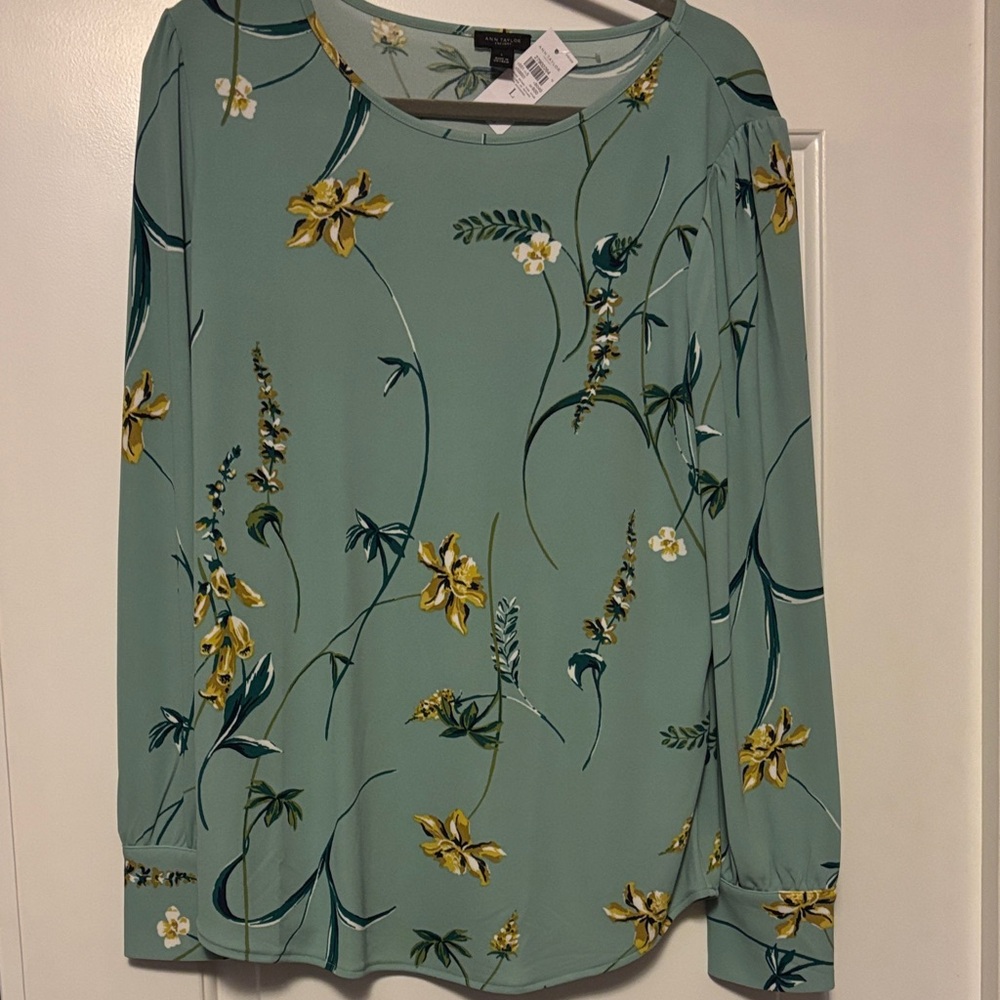 Ann Taylor Factory Green Blouse with Yellow Floral Design